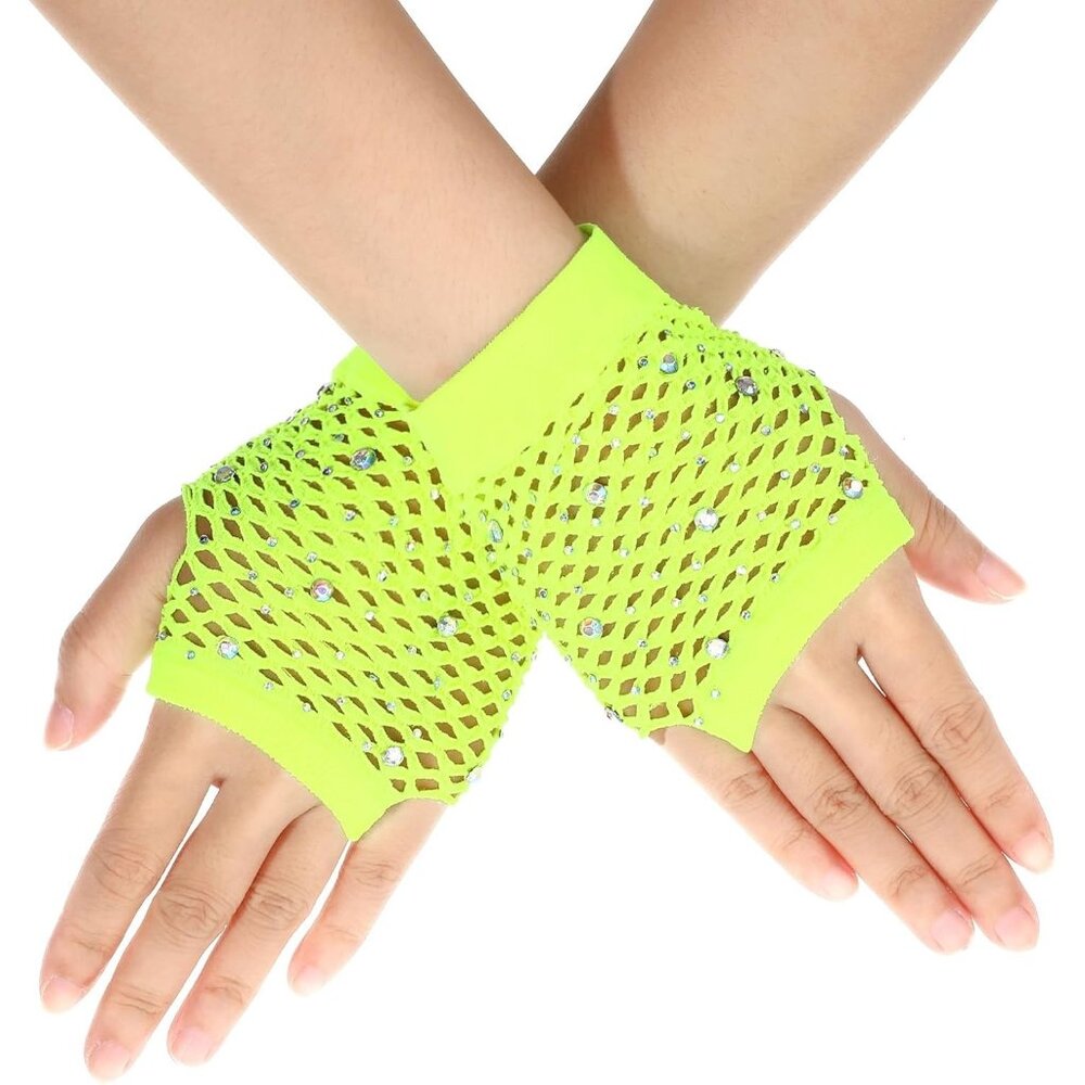 Women's Yellow Rhinestone Fishnet Short Mesh Gloves Halloween Party Costumes